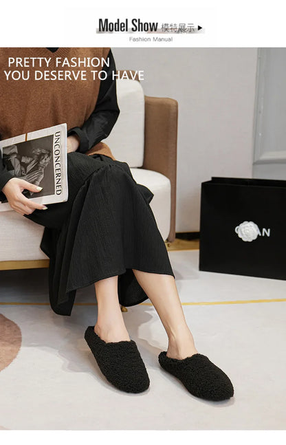 Big Size 43 Women Lambswool Slippers Winter Sheep Fur Shoes Ladies Flat Cotton Slides Home Pantuflas Daily Slip On Furry Mules