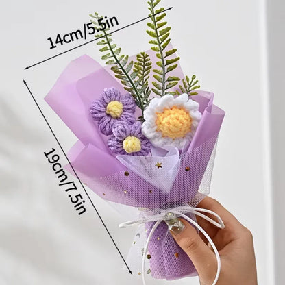 DTCTK Knitted Flower Bouquet Crochet Rose Flowers Hugging Bucket Christmas Gifts Living Room Desk Decoration Valentine's Day Gif