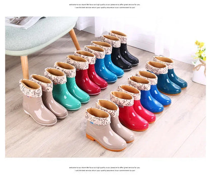Women's Short Rain Shoes Non-slip Waterproof Rubber Boots Durable Wear-resistant Rain Boots Fleece Lined Warm Shoes Wholesale