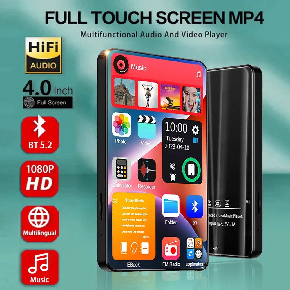 4 Inch Full Touch Screen MP3 Player Bluetooth 5.2 Walkman MP4 16GB Built-in Speaker Music Player with FM Radio Recorder E-Book