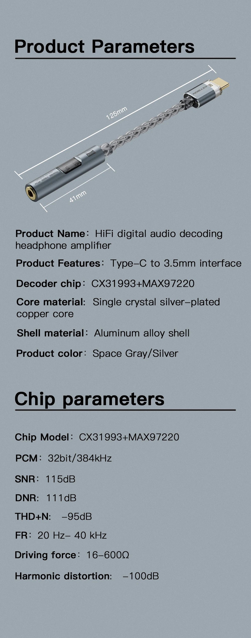 KEYSION Digital Audio Amplifier CX31993 MAX97220 Dual Chip USB C Type-C to 3.5mm DAC HiFi Audio Adapter AMP PCM 32bit 384KHz DAC