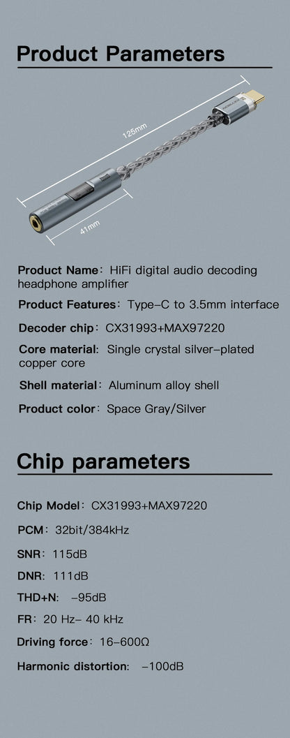 KEYSION Digital Audio Amplifier CX31993 MAX97220 Dual Chip USB C Type-C to 3.5mm DAC HiFi Audio Adapter AMP PCM 32bit 384KHz DAC