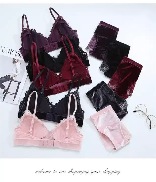 Women's Lace Velvet Wireless Underwear Set Thin Section Comfortable Bra And Panties for Autumn Winter