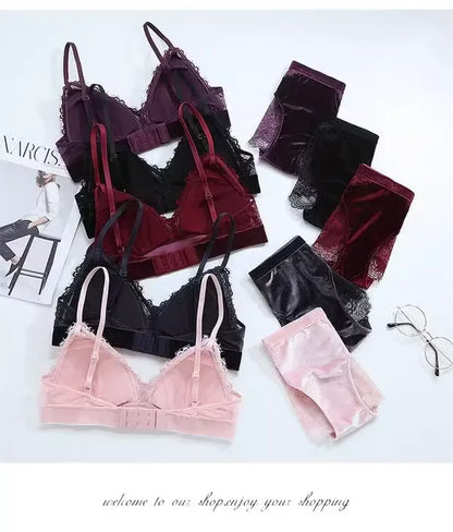 Women's Lace Velvet Wireless Underwear Set Thin Section Comfortable Bra And Panties for Autumn Winter