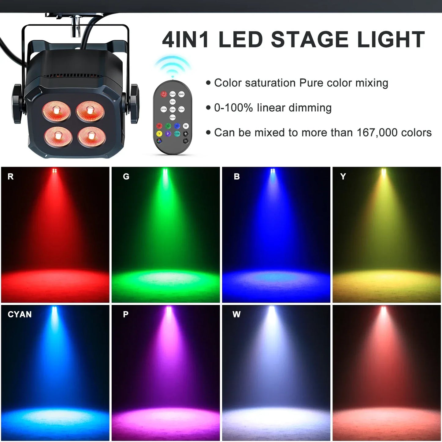 Yiflamefly 30W Par Lights 4x8W LED RGBWYP+CYAN DJ Light Remote & DMX Controlled Stage Light For Wedding Party Club Disco
