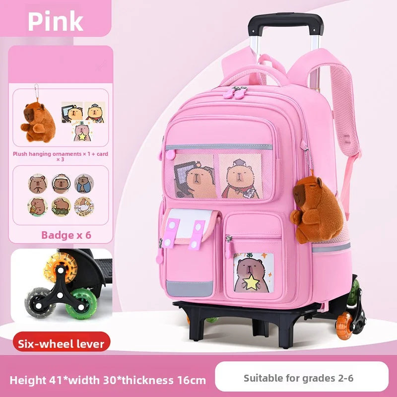 Children Cartoon School Backpack with Wheels Students Bags for Girls Boys Trolley Bag Cute Schoolbag Rolling Wheeled Backpacks