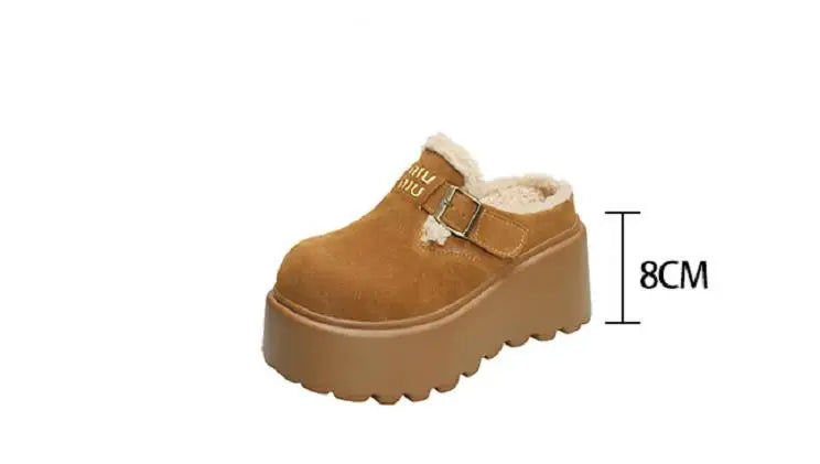 Platform High Heels Slippers Women Suede Mules Shoes Fur Warm Wedges Flip Flops 2025 Winter New Snow Boots Fashion Zapatos Mujer