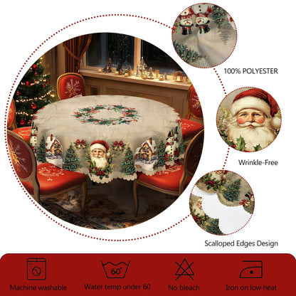 1 Piece Christmas Round and Rectangular Tablecloth, Various Sizes, Retro Santa Claus and Christmas Tree Print Design Pattern Tablecloth, Christmas Garden Tablecloth Decoration, Tablecloth for Daily Home Kitchen, Terrace, Gift