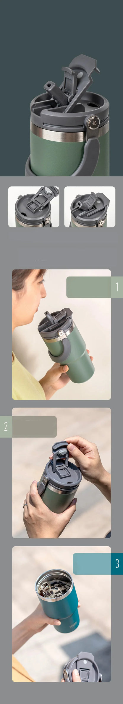 Tyeso Car Stainless Steel Insulated Cup 600/750/900ml Vacuum Thermal Cup with Straws and Handles Outdoor Portable Water Bottle
