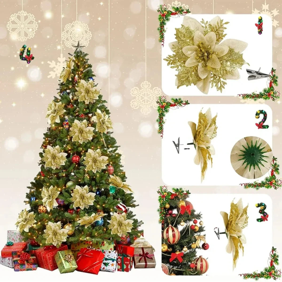 10/1Pc Christmas Glitter Artificial Flowers DIY Christmas Tree Hanging Ornaments Fake Flower For Xmas New Year Party Decor Gifts