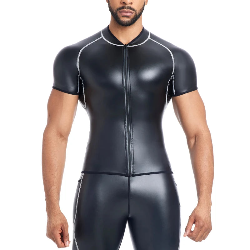 Men`s Stand Collar Leather Jacket White line Faux Leather Pants Fitness Men Body Shaper Waist Trainer Corsets Zipper Slim Shirts