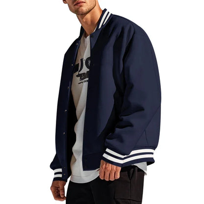 Men's Baseball Jacket with Stand-up Collar Button, Flight Jacket Monochromatic Loose, Casual, American Sports, Autumn and Winter