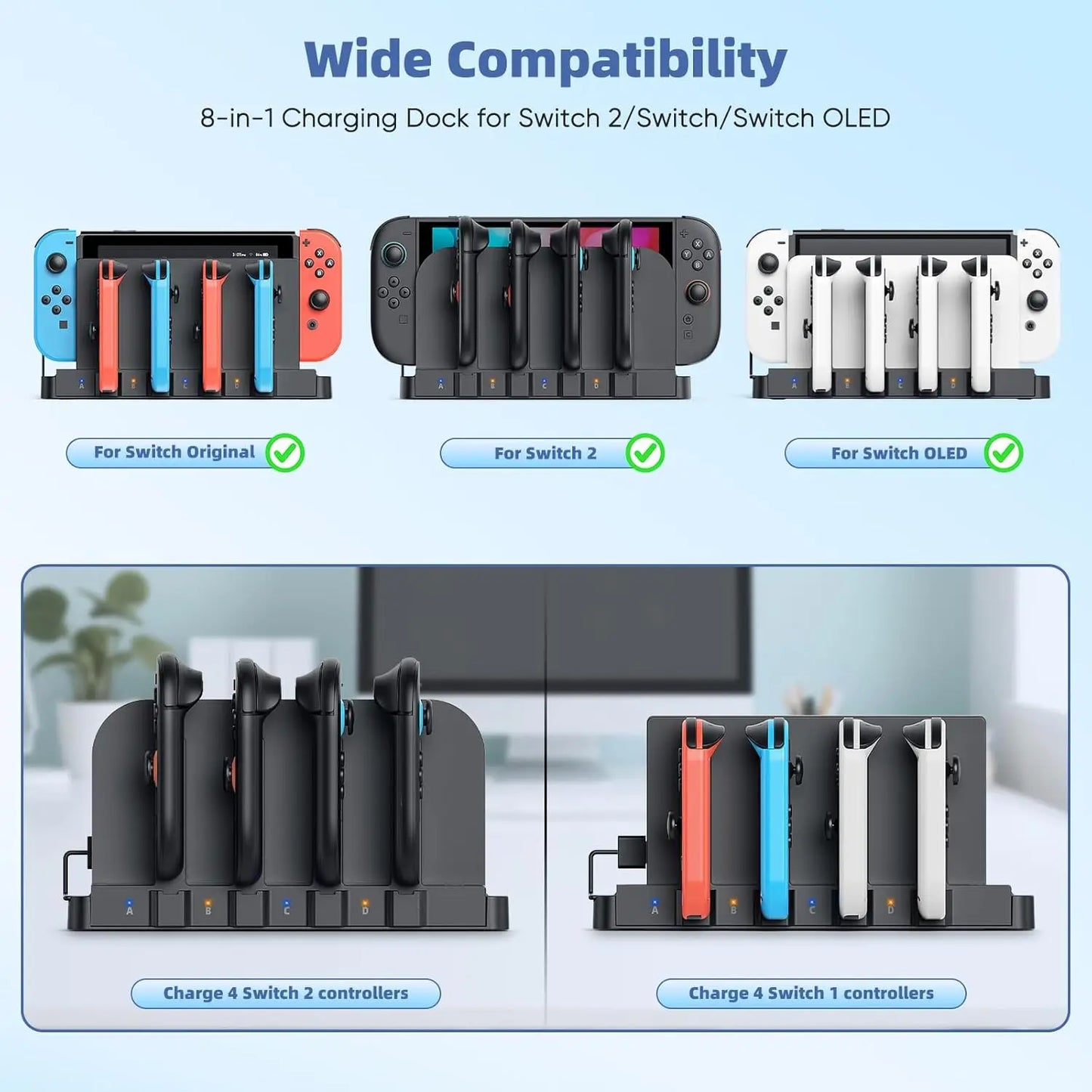 Dual Charging Magnetic for 4 Joy Con Charger for Nintendo Switch 2 & OLED, Fast Charging Dock for Switch 1/2 Accessories