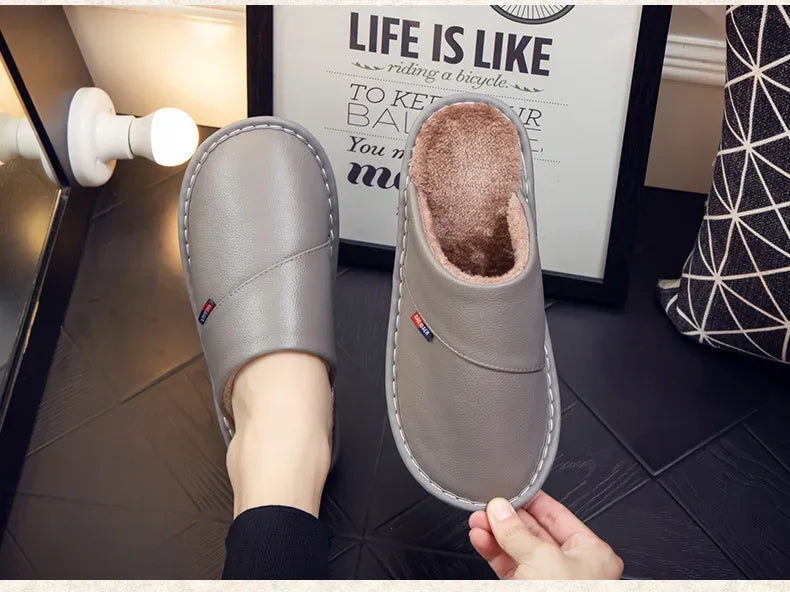 Cotton slippers for men and women at home anti slip and warm indoor Home leather cowhide slippers in winter 2023