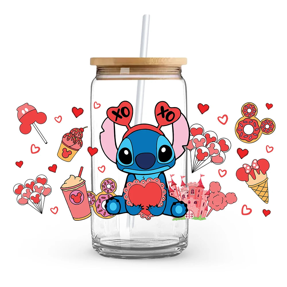 Valentine's Day cartoon Mickey Minnie Stitch Love 16oz Glass Cup UV DTF Transfer Film High-Quality Wraps Transfer Decals