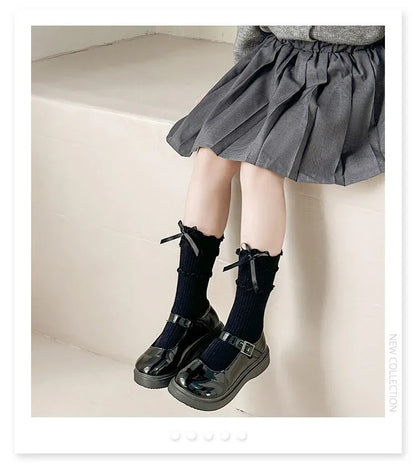 Korean Fashion Lace Lolita Calf Sock for Kids Girl Beige Black Color Ruffle Bow Children Calf Sock Spring Autumn Cotton Sock
