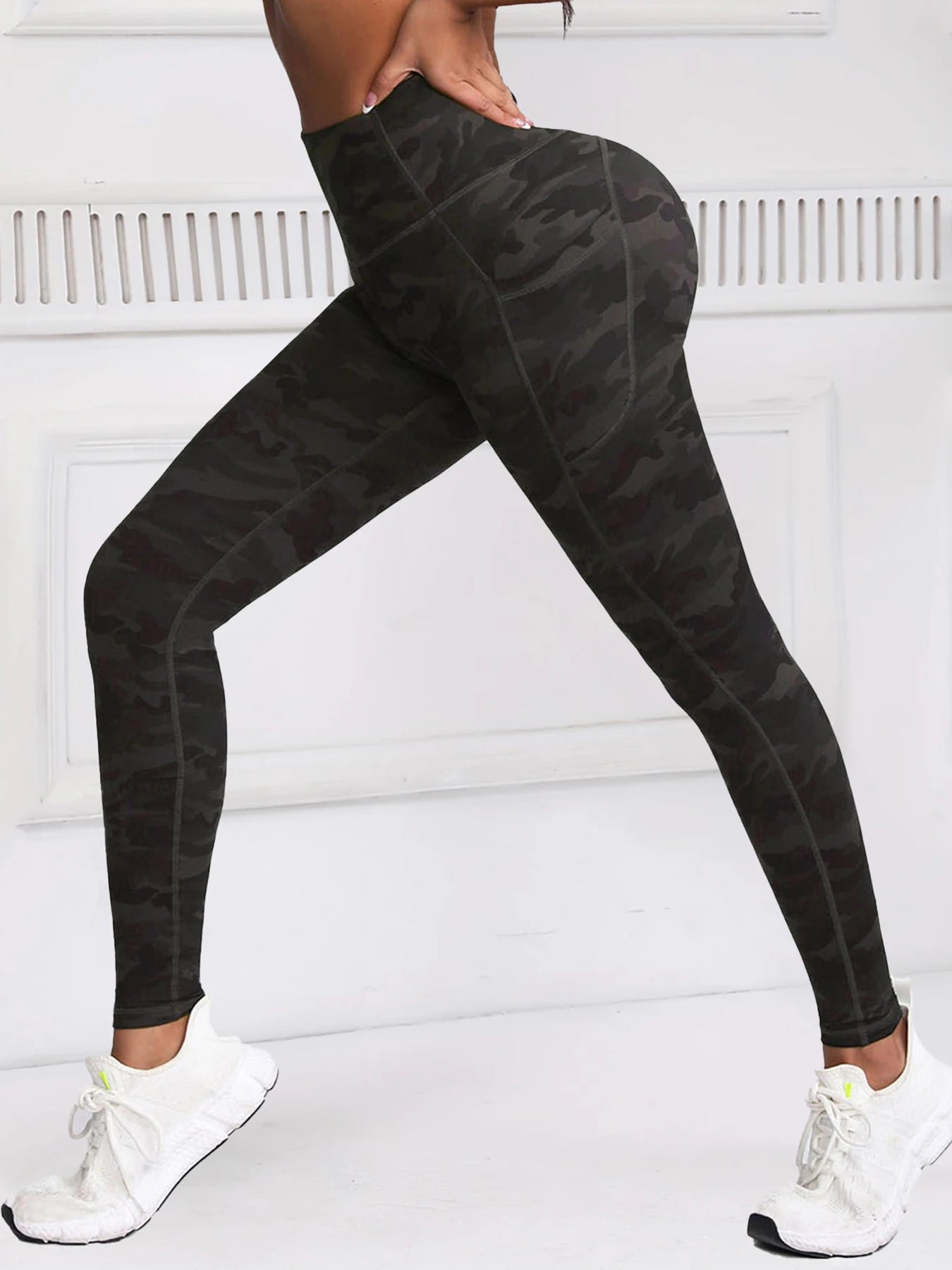 Women Camouflage Printing Leggings with Pockets High Waist Elastic Fitness Tights Outdoors Running Pants