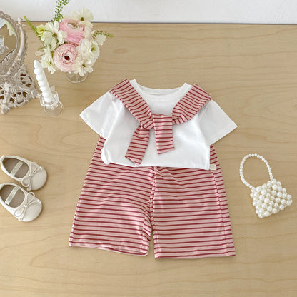 Summer new style baby striped shawl short sleeve wide leg pants two-piece set Korean version girl fashionable suit