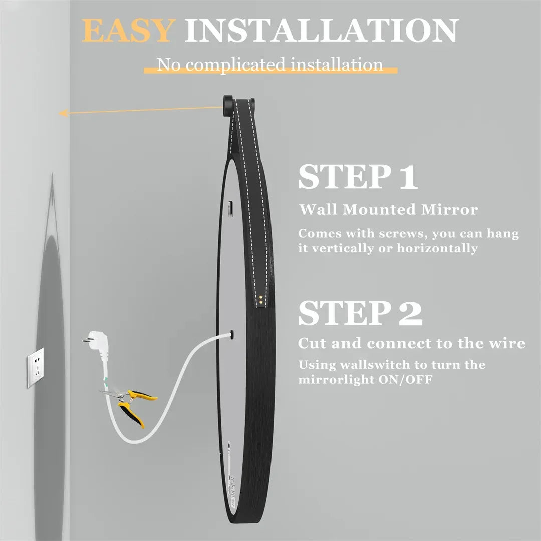 LUVODI 32-Inch Large Round Bathroom Mirror with LED Lights Black Frame Touch Sensor Lighted Mirror for Bathrooms