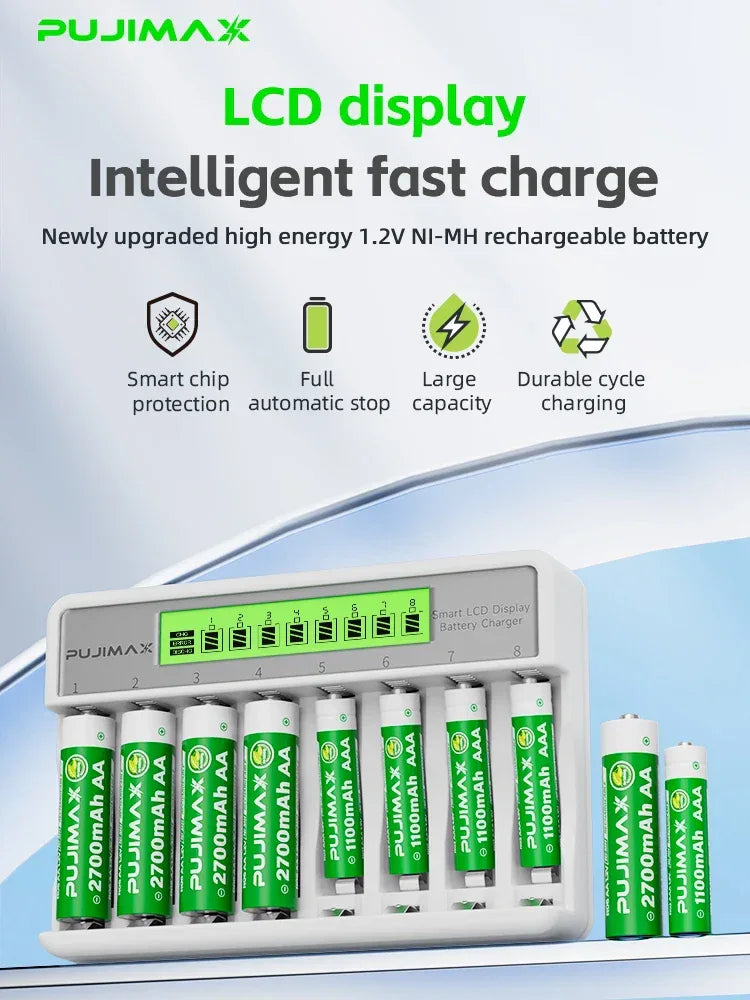 PUJIMAX 8-Slots LCD Display Fast Smart Battery Charger Type-C Charging For 1.2V Ni-MH Ni-CD AA AAA  Rechargeable Battery Charger