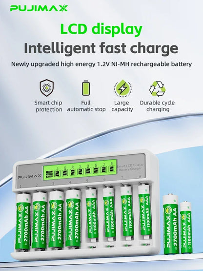PUJIMAX 8-Slots LCD Display Fast Smart Battery Charger Type-C Charging For 1.2V Ni-MH Ni-CD AA AAA  Rechargeable Battery Charger