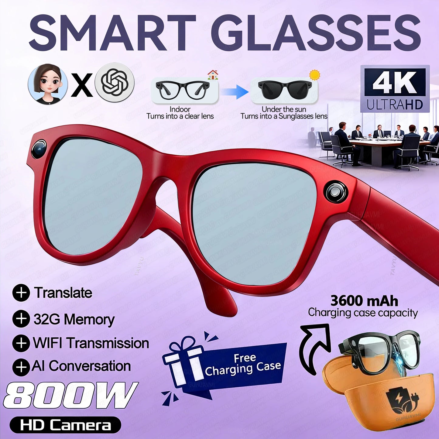 Lunettes connectées 2026 pour femmes, batterie externe 3600 mAh, caméra 800 W, traduction de plus de 120 langues, enregistrement vidéo, lecteur de musique, lunettes pour hommes