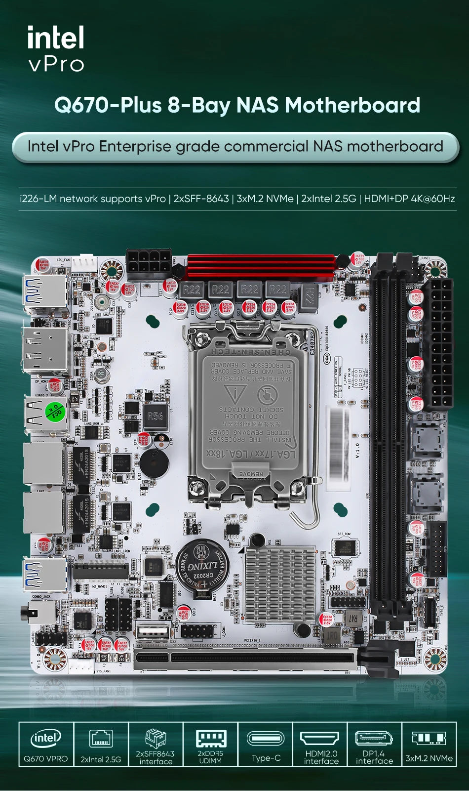 Q670 Intel vPro 8-Bay NAS Motherboard 12/13/14th Gen LGA1700 3*NVMe 2*SFF-8643 1*PCIE5.0x16 2*DDR5 2*2.5G LAN Firewall Mainboard