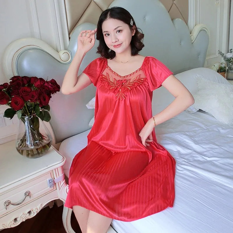 Women's Nightdress Loungewear Ladies Ice Silk Nightgowns Sleeping Dress Medium Length Short Sleeve Home Wear Pyjama Sleepwear