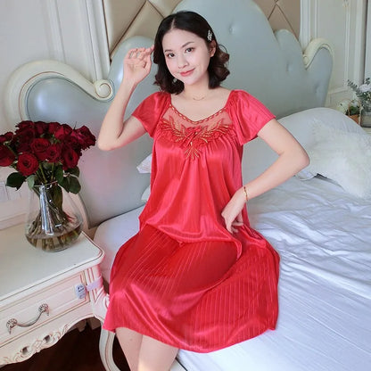 Women's Nightdress Loungewear Ladies Ice Silk Nightgowns Sleeping Dress Medium Length Short Sleeve Home Wear Pyjama Sleepwear