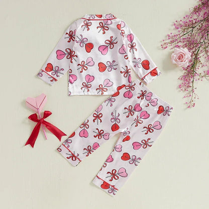 Kids Girls Valentine's Day Printed Pajamas Set Sweet Heart Print Long Sleeve Tops and Elastic Band Pants 2Piece Child Loungewear