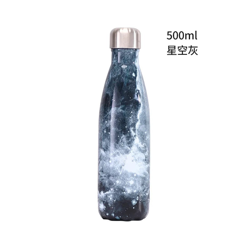 500ml Cola Shape Insulated Bottle, 304 Stainless Steel Vacuum Flask, Marble/Print Portable Water Bottle