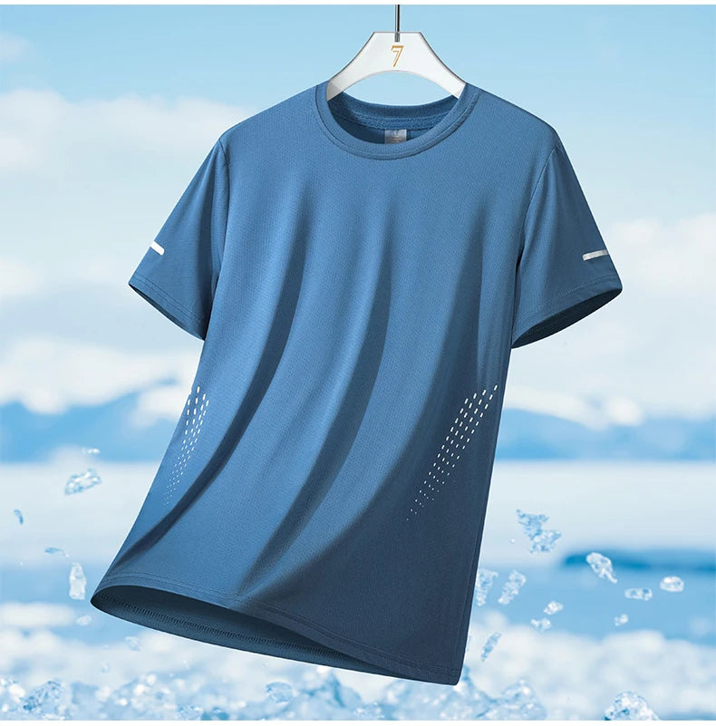 Summer Mesh Sports T-Shirt Men Quick-Drying Breathable Loose Ice Silk Short Sleeves Men Jogging Hiking Round Neck Sports T-shirt