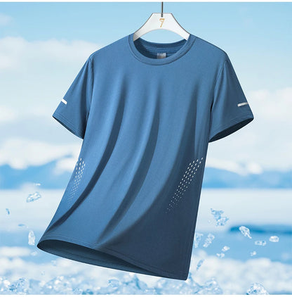 Summer Mesh Sports T-Shirt Men Quick-Drying Breathable Loose Ice Silk Short Sleeves Men Jogging Hiking Round Neck Sports T-shirt