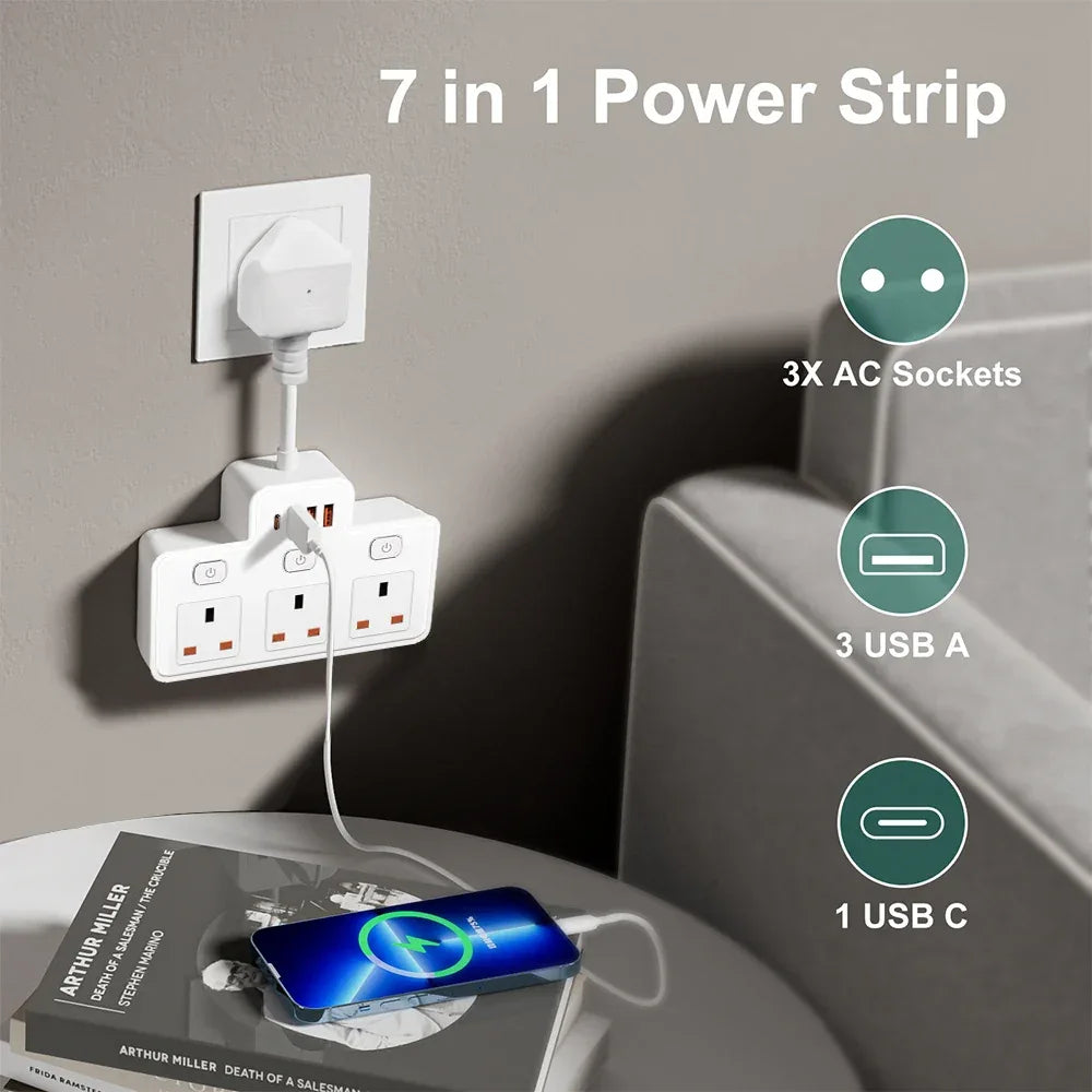 UK Plug AC Power Strip Wall Mounted Independent Switch Socket European Standard Plug With USB C Ports Charging Network Filter