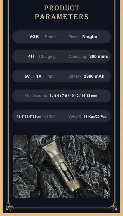 VGR intelligent digital hair clipper metal retro machine height endurance hair trimmer hair salon home carving push shear V-659