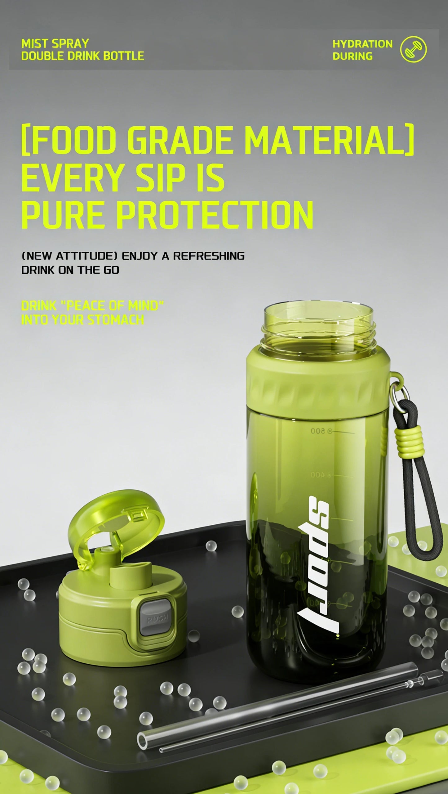 750ML Portable Mist Spray Water Bottle Double Drinking Sports Bottle Leakproof Gym Running Hiking Camping Outdoor Activity Gift