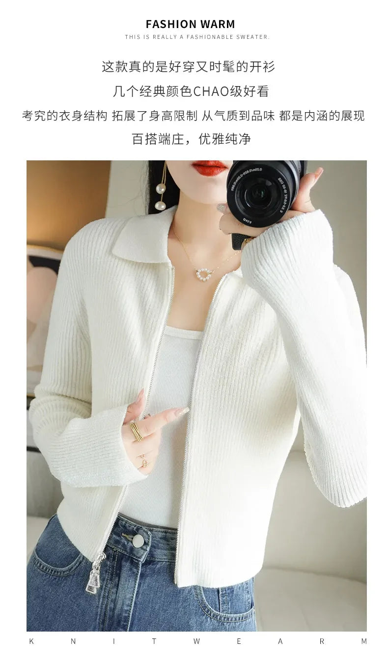 Women Autumn Winter Soft Wool Sweater Polo Collar Thicken Knitted Double Zipper Cardigan Basis Short Top Cashmere Female Coat