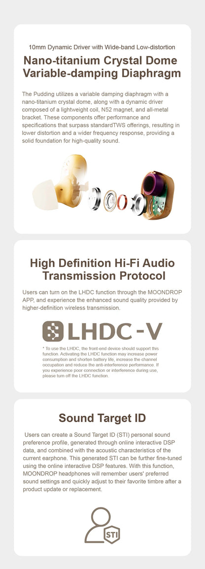 MOONDROP Pudding TWS earphones True Wireless Stereo ANC AI ENC LHDC-V 10mm Dynamic Driver，Bluetooth 6.0 with AI noise reduction
