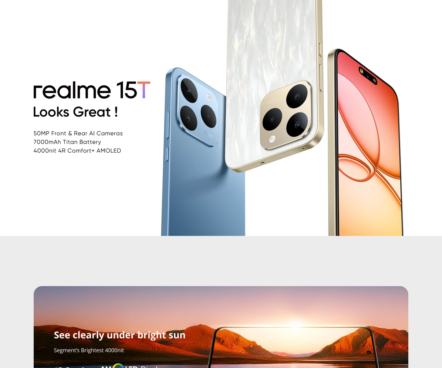 realme 15T 5G Smartphone NFC Dimensity 6400 Max Chipset Dual 50MP Cameras 6.57" 120Hz AMOLED Display 7000mAh Battery 60W Charge