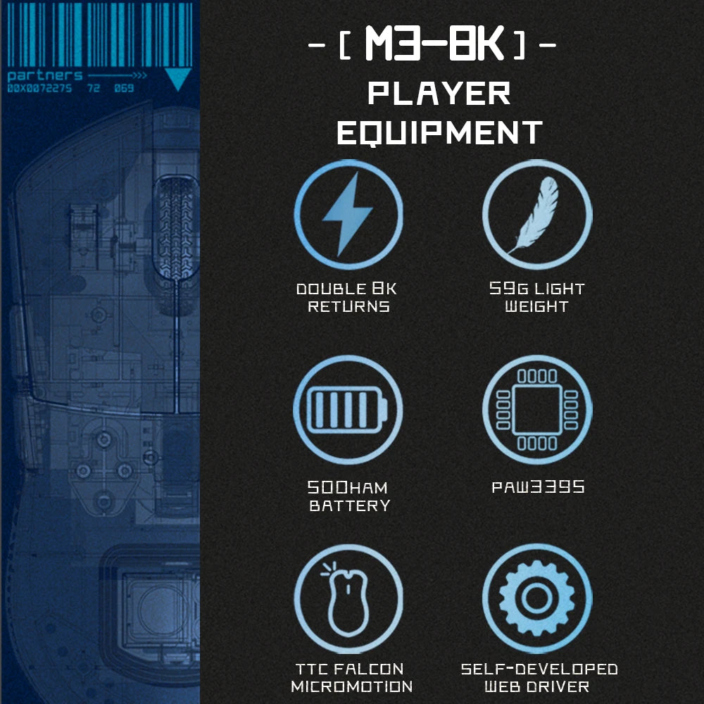 Darmoshark M3 Gaming Mouse Dual Mode 8K Wireless Tri-Mode PAW3395 Big Hand Macro Game Mouse 26000 DPI Lightweight Mice