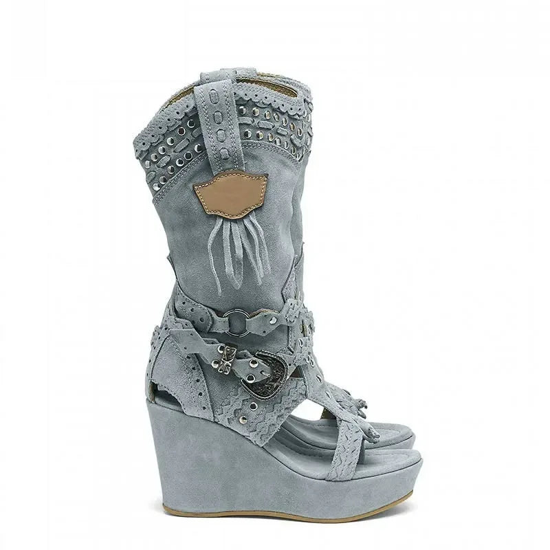 Zipper Shoes Boots Women New 2025 Round Toe Large Size Elegant Wedge Cowboy Ladies High Heel Shallow PU Canvas Casual Fabric Sol