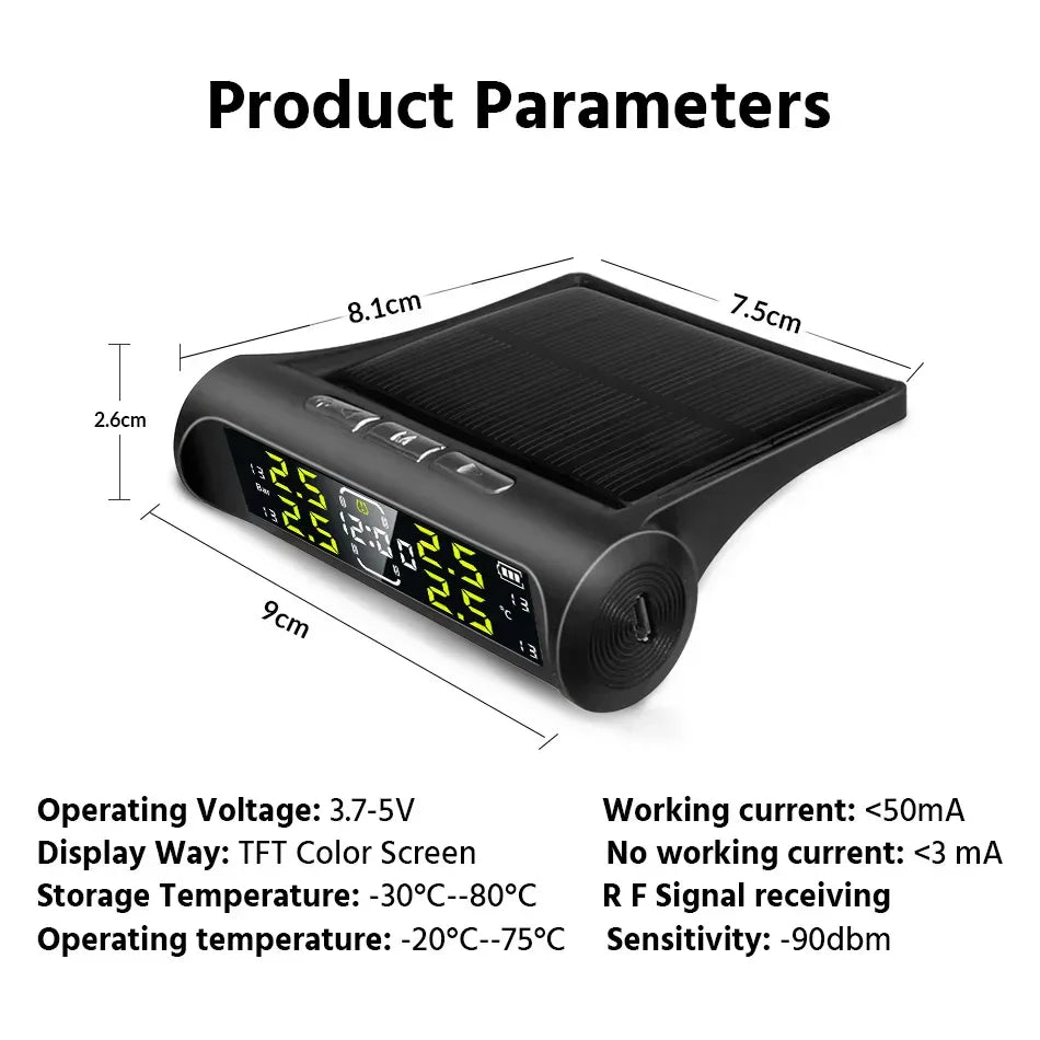 Wireless Solar Charging TPMS Real-time Monitoring with Electronic Clock Display 4 Sensors Tire Pressure Monitoring System