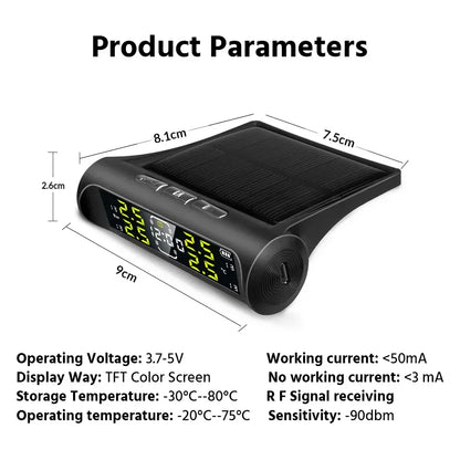 Wireless Solar Charging TPMS Real-time Monitoring with Electronic Clock Display 4 Sensors Tire Pressure Monitoring System