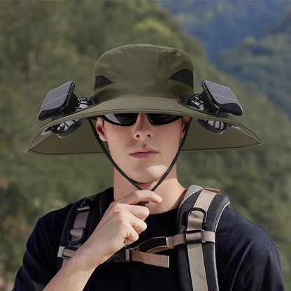 Solar Fan Hat for Men Women, Wide Brim Sun Protection Hat with Dual Solar Fans, 2-in-1 Hands-Free Cooling Cap for Hiking & Work