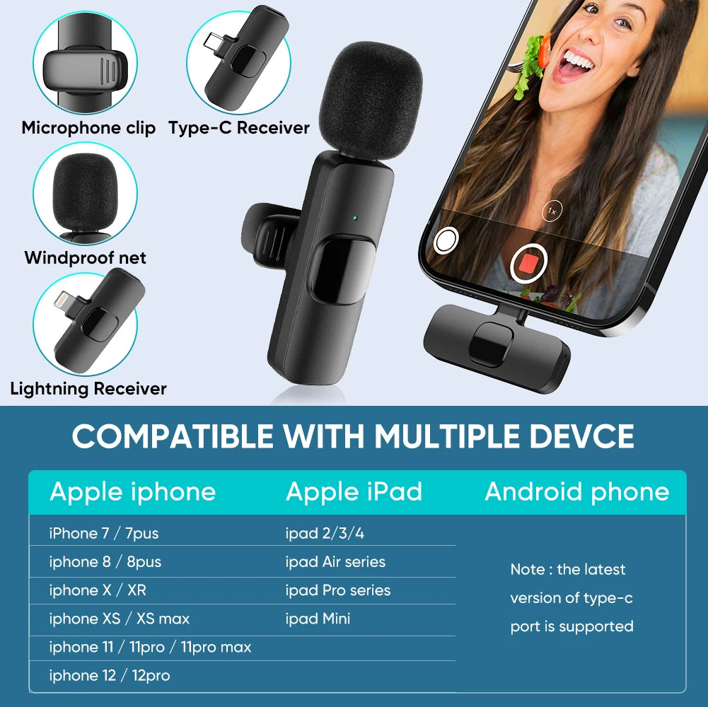 Lavalier Microphone 2.4G Wireless Portable Audio Video Recording Mini Mic for iPhone Android Live Broadcast Gaming Phone Mic
