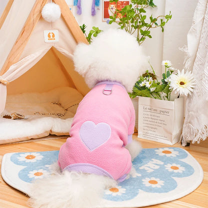 Heart Pattern Dog Pajamas for Small Dogs, Warm Fleece Dog Jumpsuit Yorkie Puppy Onesie Autumn Winter Clothes Chiwawa Pet Apparel
