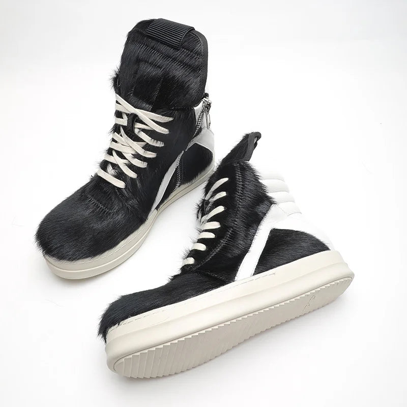 Ro Casual Shoes Men High Top Shoe Black Horse Hair Women Sneaker Black Horsehair Ankle Boot White Leather Boots Flat Sneakers