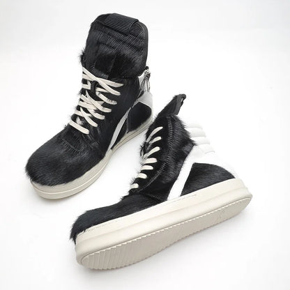 Ro Casual Shoes Men High Top Shoe Black Horse Hair Women Sneaker Black Horsehair Ankle Boot White Leather Boots Flat Sneakers