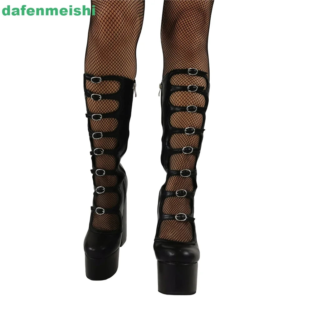 2026 New Women Pole Dance Shoes Hollow Mid-Calf Boots Platform Zipper Square Heel Buckle Strap Fashion Round Toe Sexy Boots