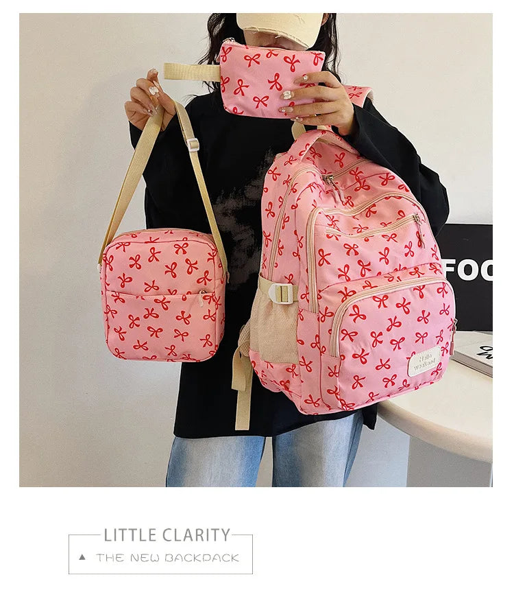3 Pcs/Set Cute girl Large Capacity Backpack Bow Print Nylon Schoolbag Adjustable Strap Women daily Campus Backpack